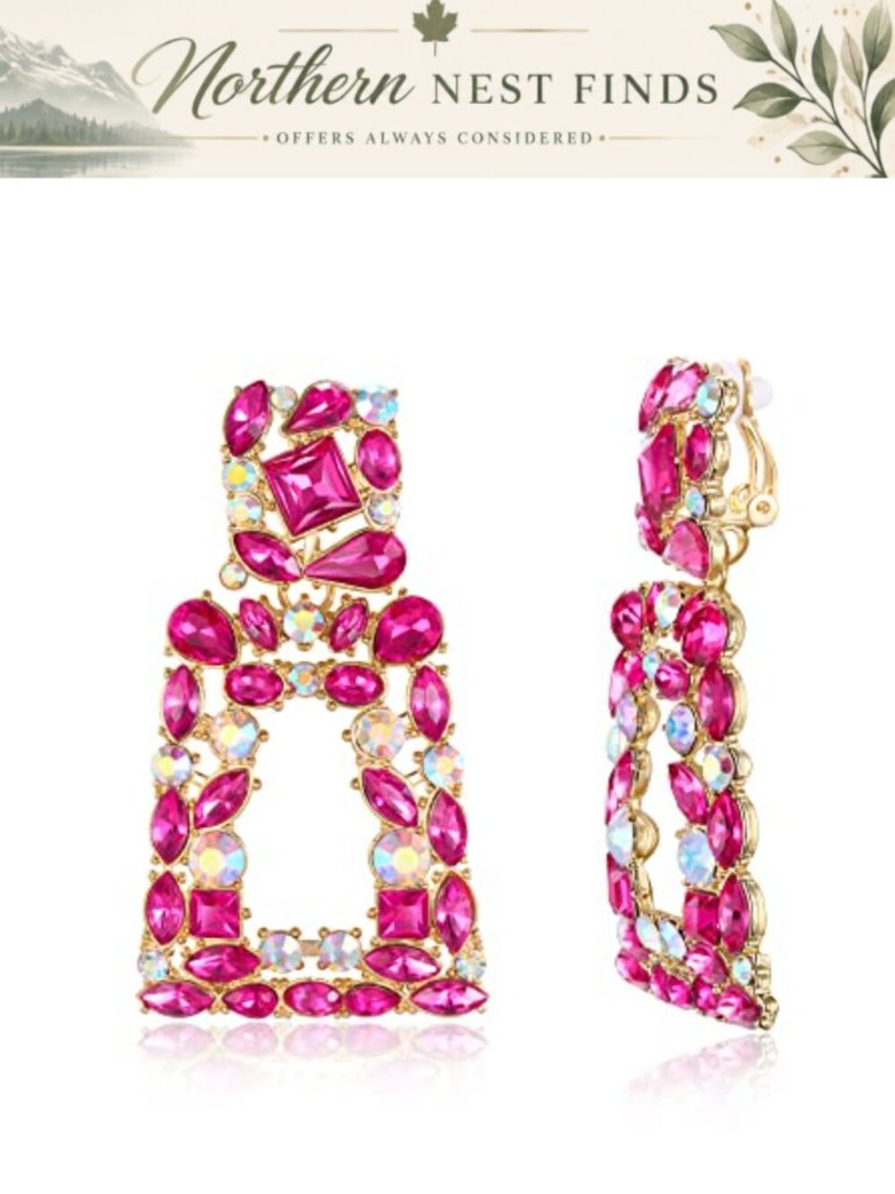 Clip On Earrings Rhinestone Crystal Geometric Statement Drop Bridal Wedding